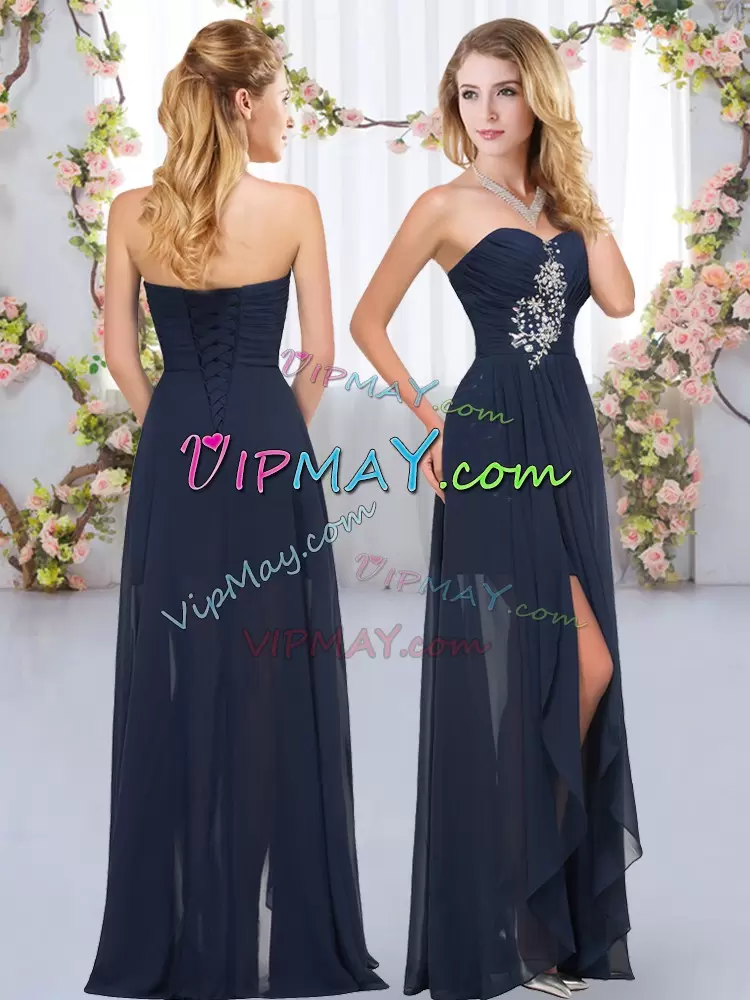 Sleeveless Long Beading and Ruffles Lace Up Dama Dress for Quinceanera in Navy Blue