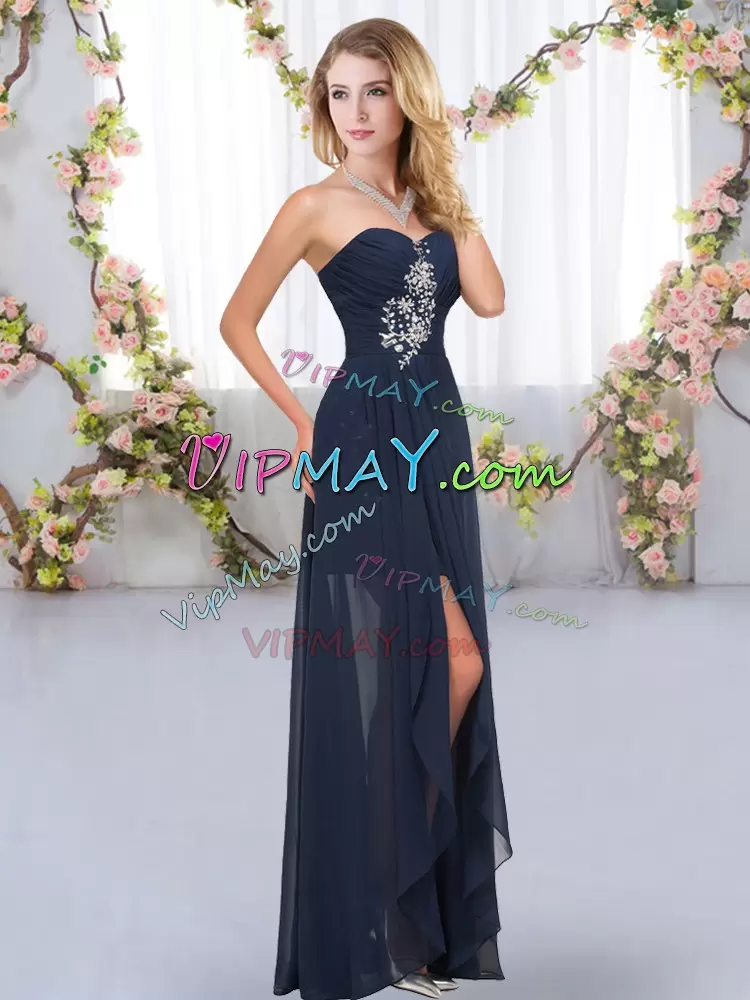 Sleeveless Long Beading and Ruffles Lace Up Dama Dress for Quinceanera in Navy Blue