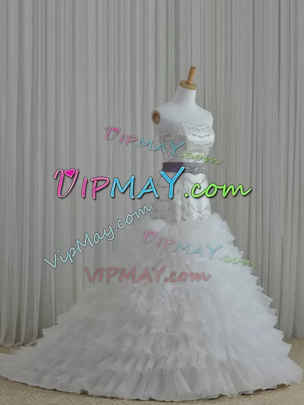 Organza Sleeveless Floor Length Bridal Gown and Beading and Ruffles and Belt