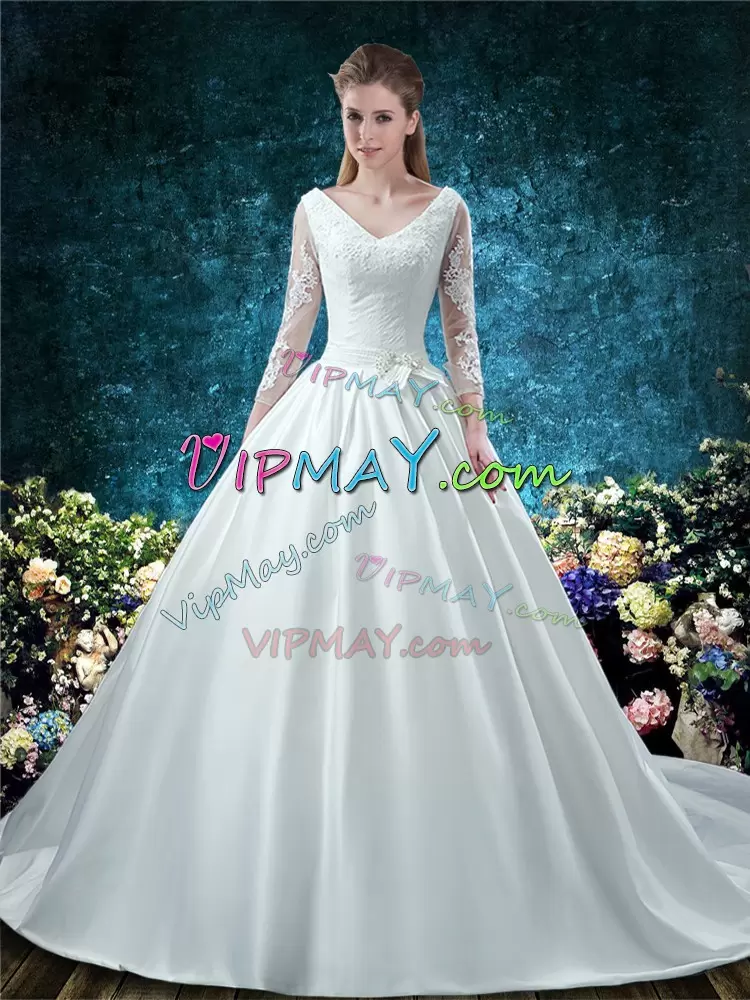 Fitting Chapel Train Ball Gowns Wedding Dresses White V-neck Satin 3 4 Length Sleeve Lace Up