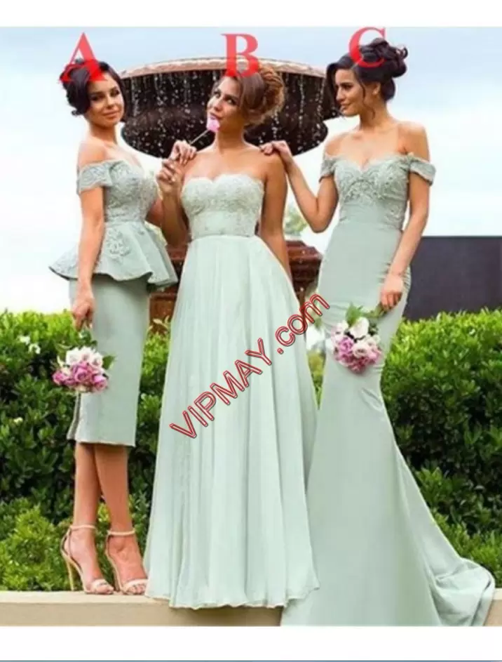 Light Blue Column/Sheath Off The Shoulder Sleeveless Ruching Knee Length Lace Up Bridesmaid Gown