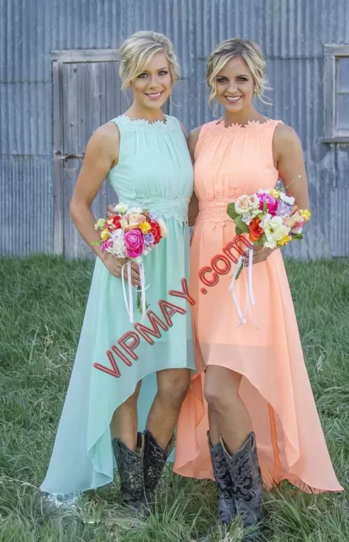 Peach A-line Chiffon High-neck Sleeveless Appliques High Low Zipper Wedding Party Dress