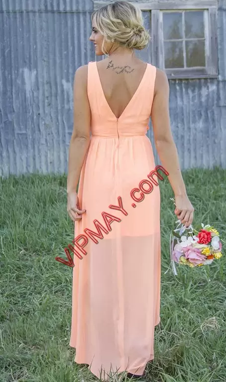 Peach A-line Chiffon High-neck Sleeveless Appliques High Low Zipper Wedding Party Dress