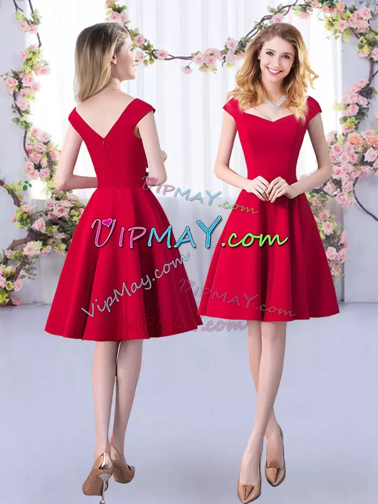 Red Satin Zipper Wedding Guest Dresses 3 4 Length Sleeve Knee Length Ruching