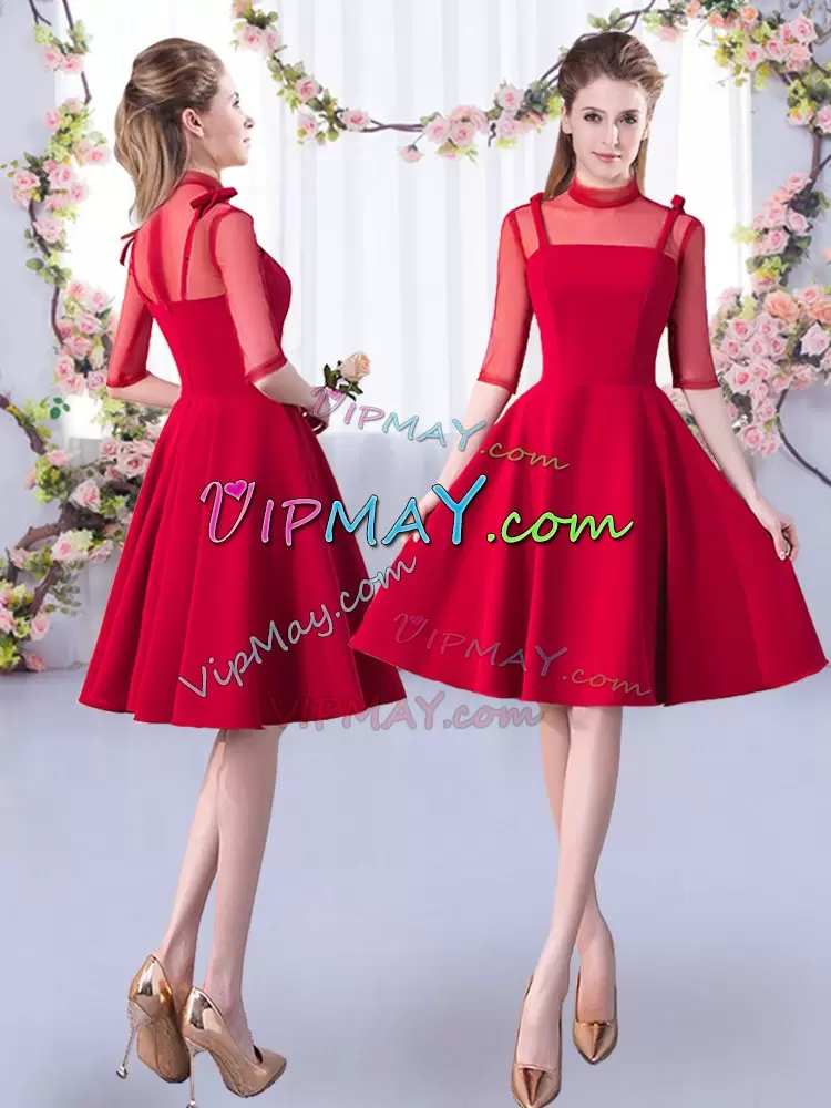 Red Satin Zipper Wedding Guest Dresses 3 4 Length Sleeve Knee Length Ruching