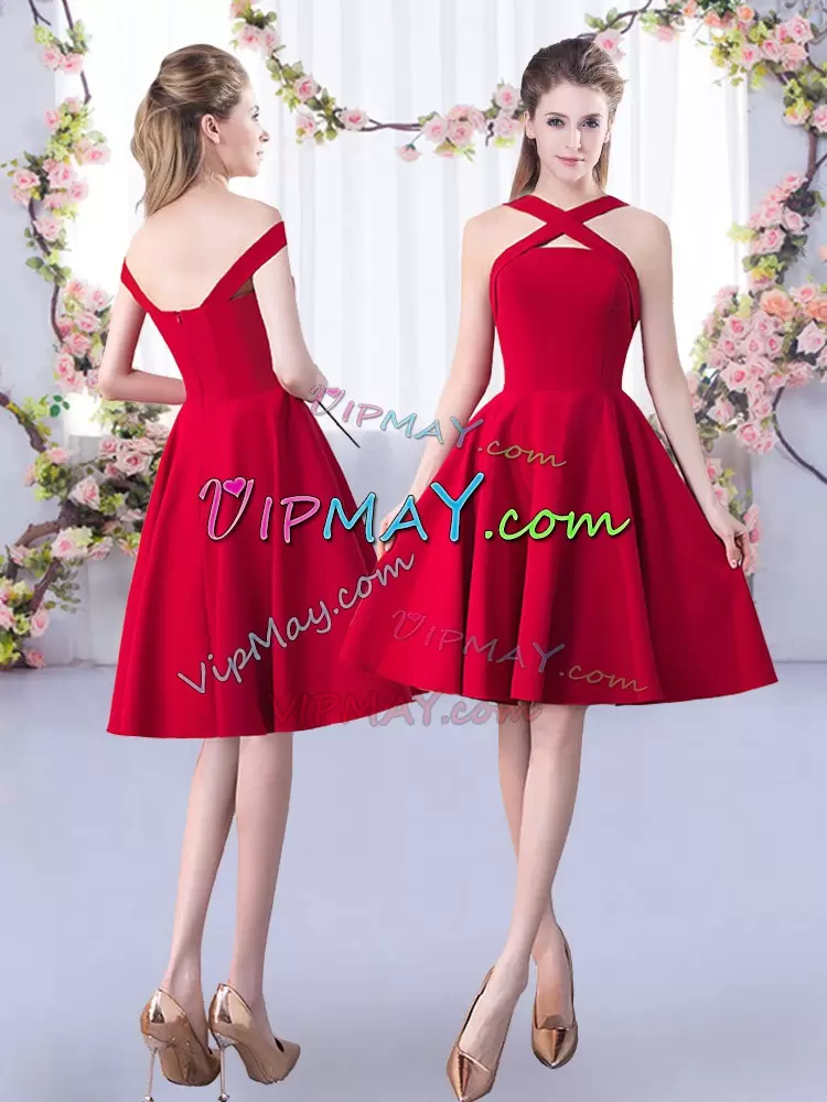 Red Satin Zipper Wedding Guest Dresses 3 4 Length Sleeve Knee Length Ruching