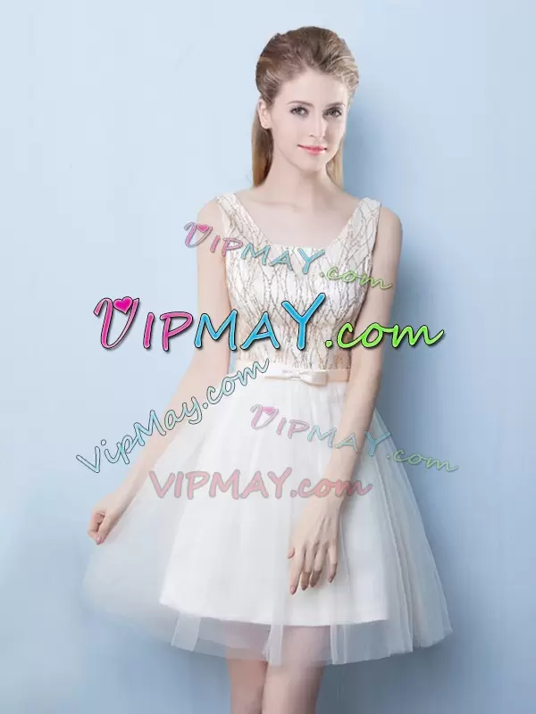 Fantastic Champagne A-line Tulle Square Sleeveless Sequins and Bowknot Mini Length Lace Up Quinceanera Dama Dress