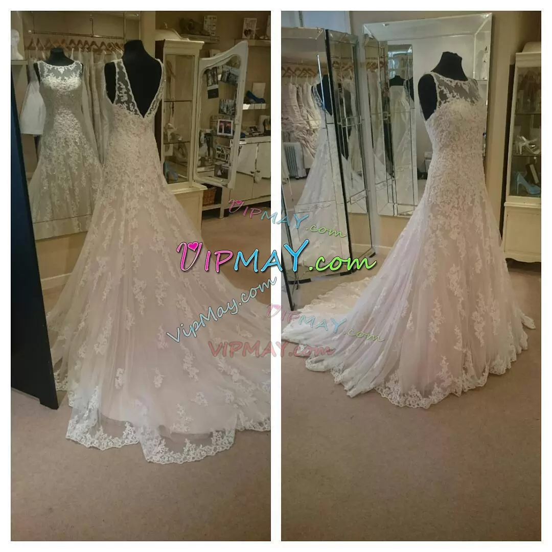 Fancy Lace and Appliques Illusion Bridal Gown Backless Sleeveless Court Train