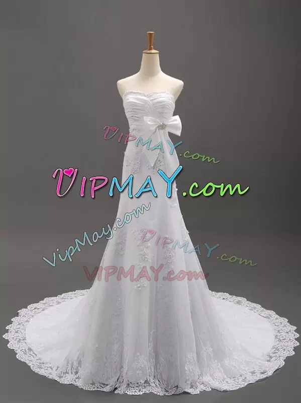 White Column/Sheath Beading and Lace and Appliques and Bowknot Celebrity Evening Dresses Lace Up Organza Sleeveless With Train