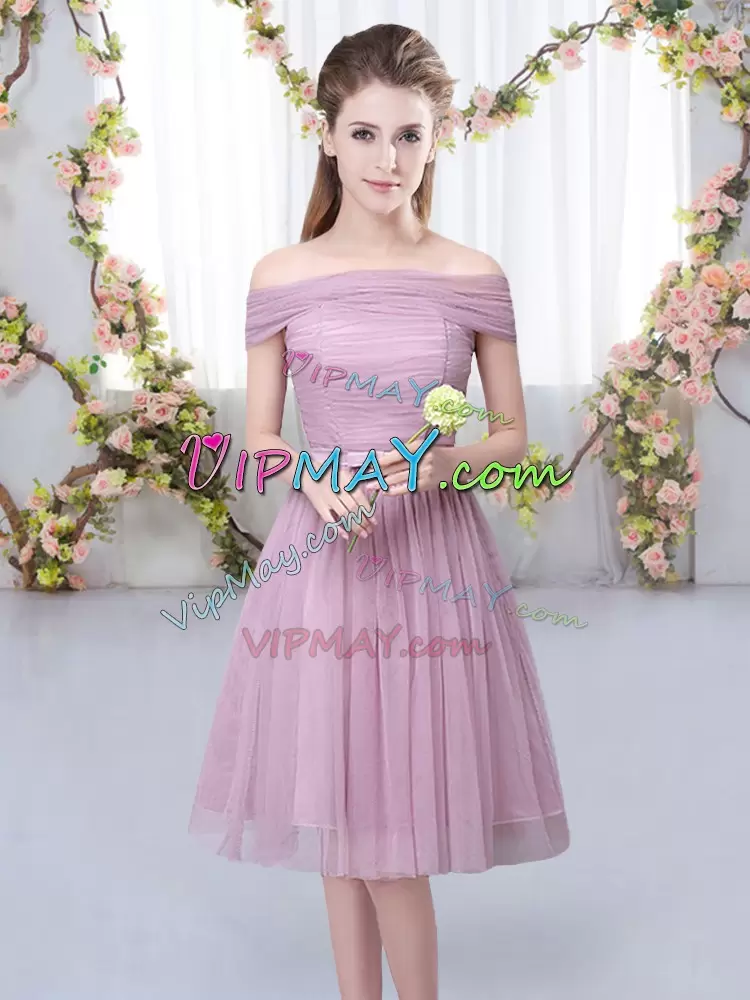 Adorable Belt Bridesmaid Gown Pink Lace Up Short Sleeves Knee Length
