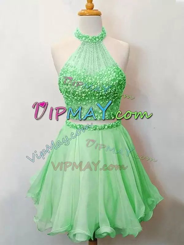 Elegant Beading Wedding Party Dress Green Lace Up Sleeveless Knee Length