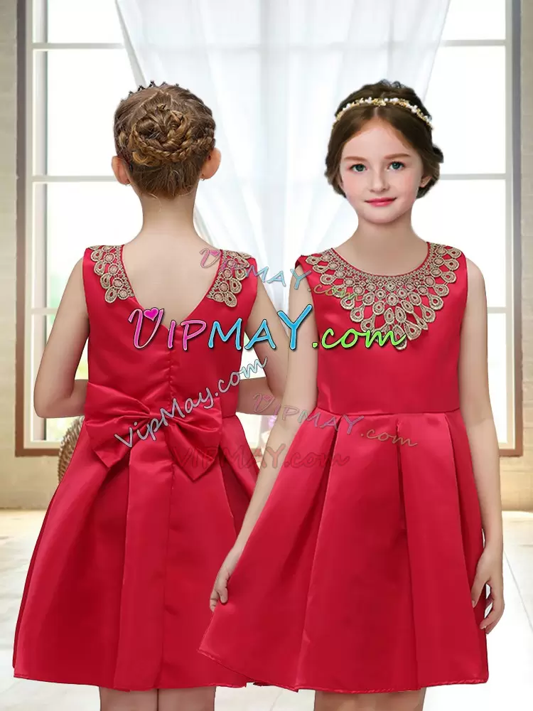 Delicate Red Satin Zipper Scoop Sleeveless Mini Length Flower Girl Dresses for Less Appliques