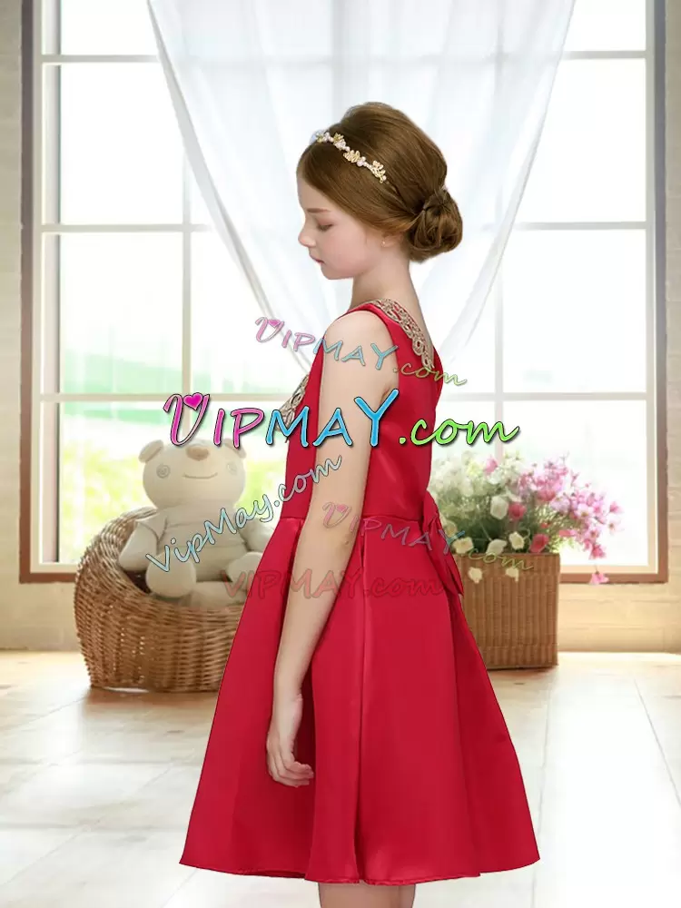 Delicate Red Satin Zipper Scoop Sleeveless Mini Length Flower Girl Dresses for Less Appliques