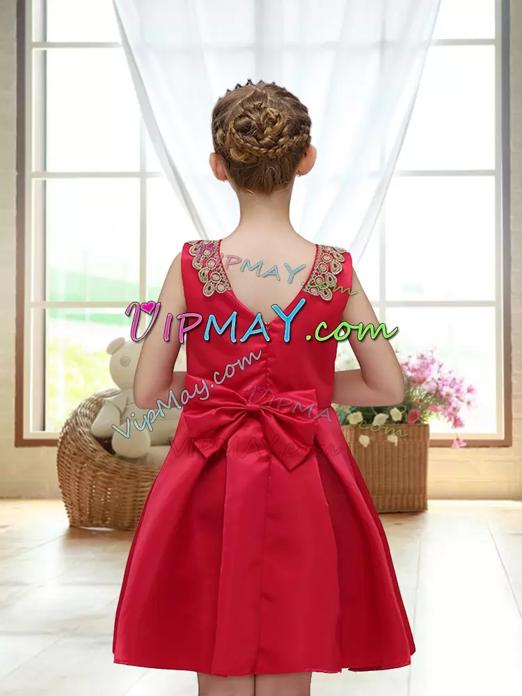 Delicate Red Satin Zipper Scoop Sleeveless Mini Length Flower Girl Dresses for Less Appliques