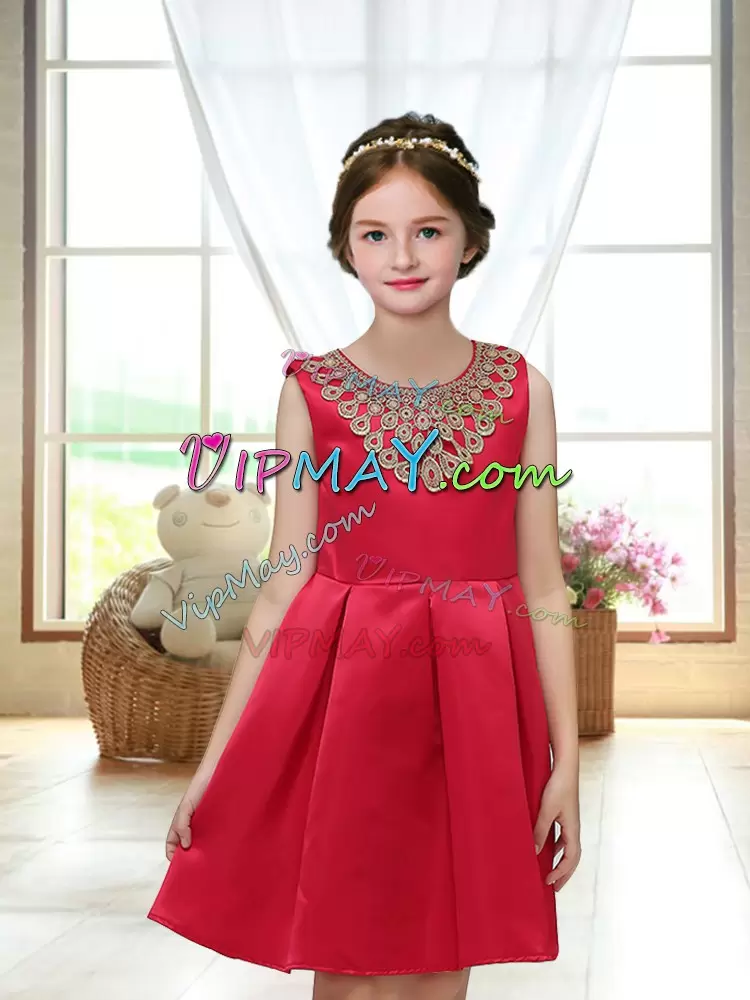 Delicate Red Satin Zipper Scoop Sleeveless Mini Length Flower Girl Dresses for Less Appliques