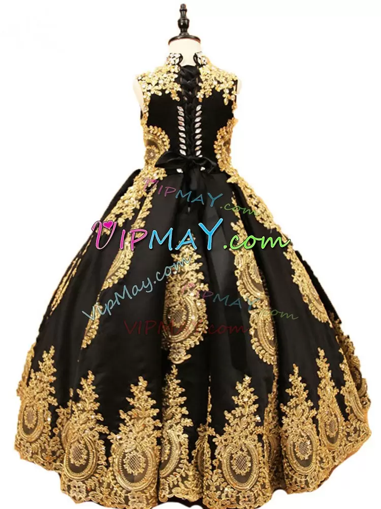 High-neck Sleeveless Lace Up Little Girls Pageant Dress Wholesale Black Satin Beading