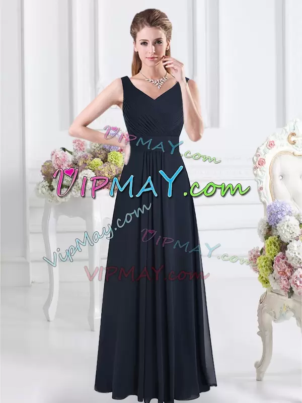 Sleeveless Floor Length Ruching Zipper Wedding Party Dress with Navy Blue