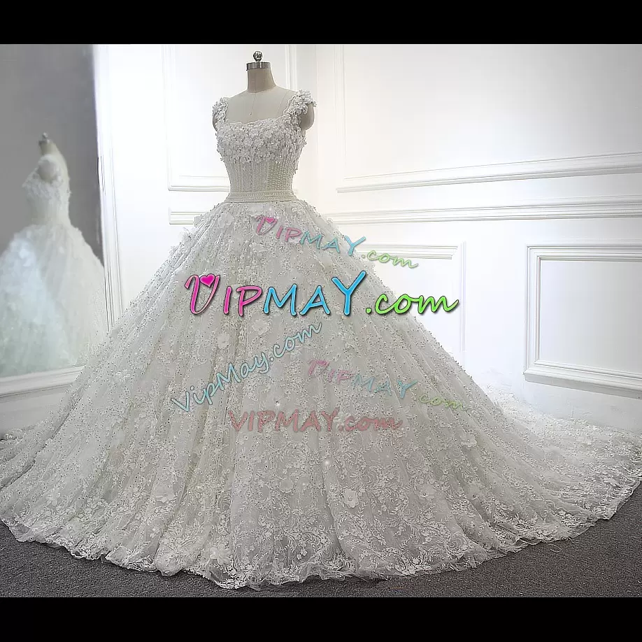 Extravagant White Sleeveless Cathedral Train Beading and Hand Made Flower Wedding Dresses