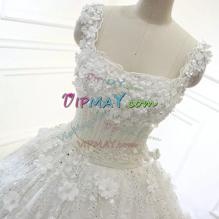 Extravagant White Sleeveless Cathedral Train Beading and Hand Made Flower Wedding Dresses