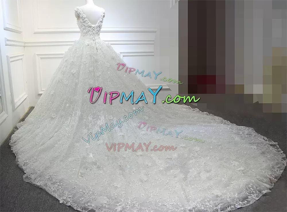 Extravagant White Sleeveless Cathedral Train Beading and Hand Made Flower Wedding Dresses