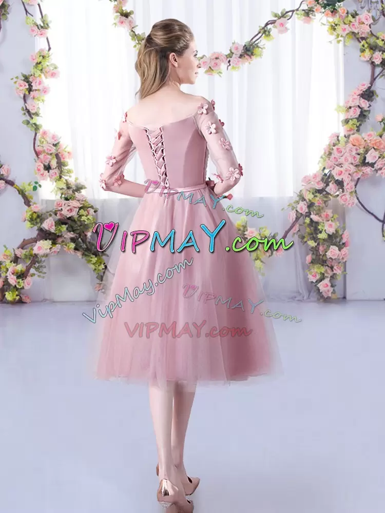 Tulle Off The Shoulder Half Sleeves Lace Up Appliques and Belt Bridesmaid Dress in Pink