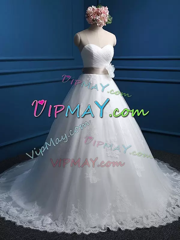 Designer White Wedding Gown Sweetheart Sleeveless Brush Train Lace Up