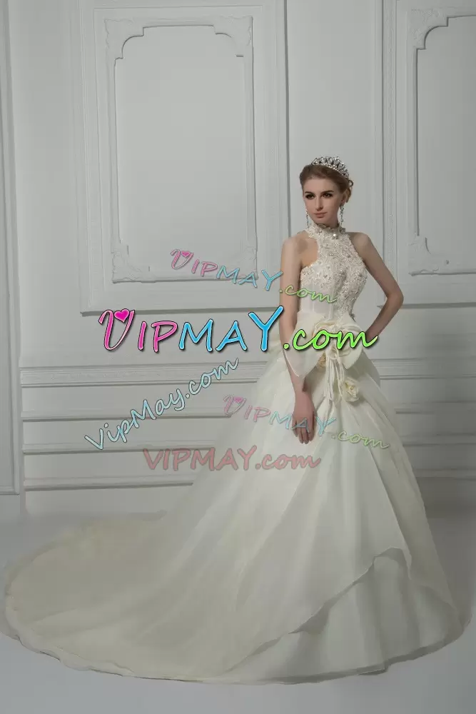 Custom Designed Organza High-neck Sleeveless Court Train Zipper Beading and Lace and Hand Made Flower Wedding Gowns in White