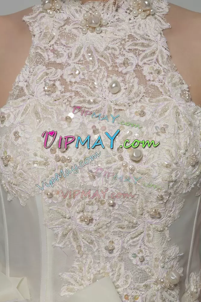 Custom Designed Organza High-neck Sleeveless Court Train Zipper Beading and Lace and Hand Made Flower Wedding Gowns in White
