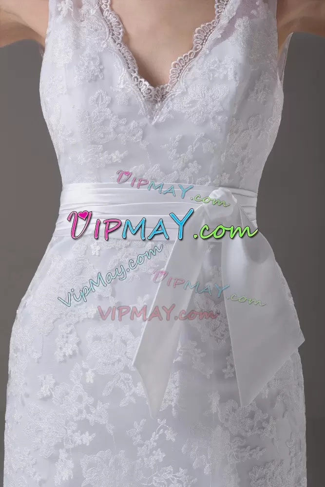 Pretty White Column/Sheath V-neck Sleeveless Lace Brush Train Backless Lace and Belt Wedding Dresses