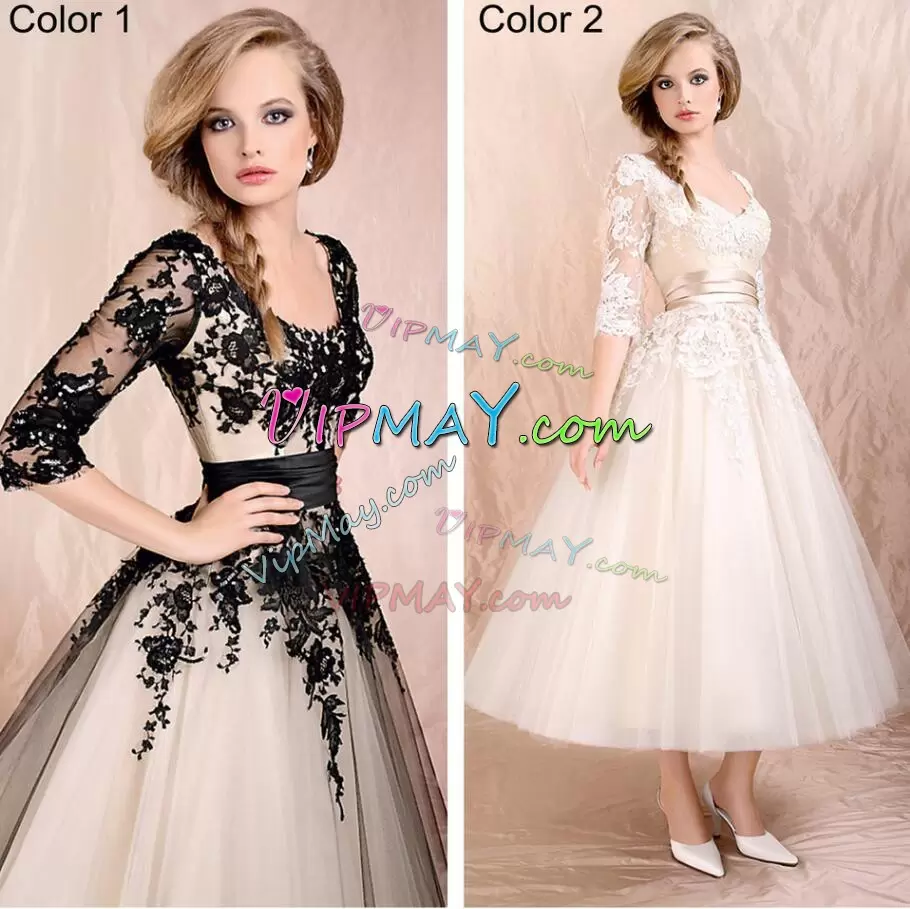 Chic Champagne Scoop Neckline Appliques and Belt Wedding Dress Half Sleeves Lace Up