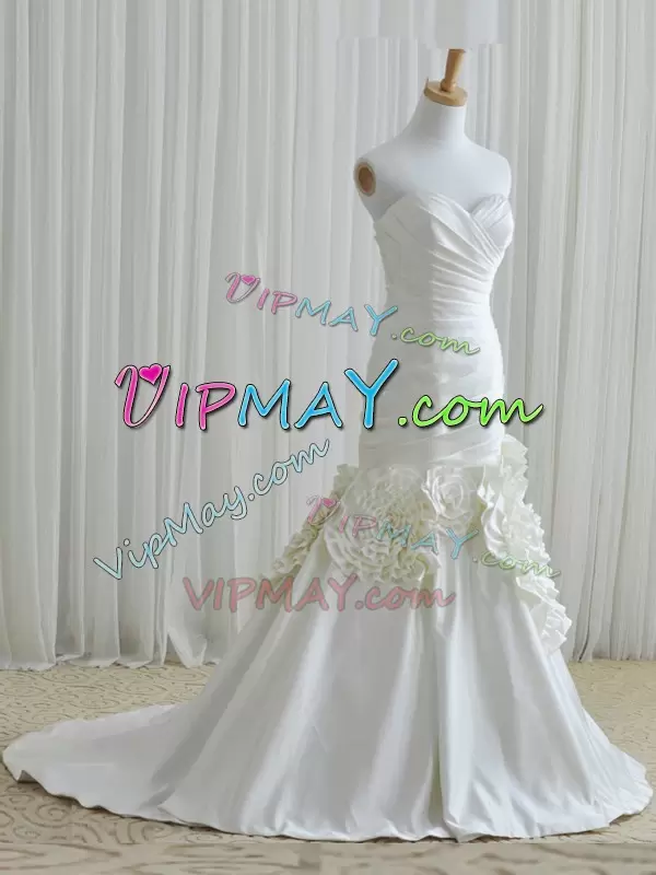 Elegant White Zipper Wedding Gown Ruching and Hand Made Flower Sleeveless Floor Length Brush Train