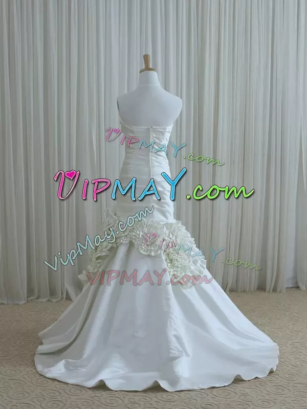 Elegant White Zipper Wedding Gown Ruching and Hand Made Flower Sleeveless Floor Length Brush Train