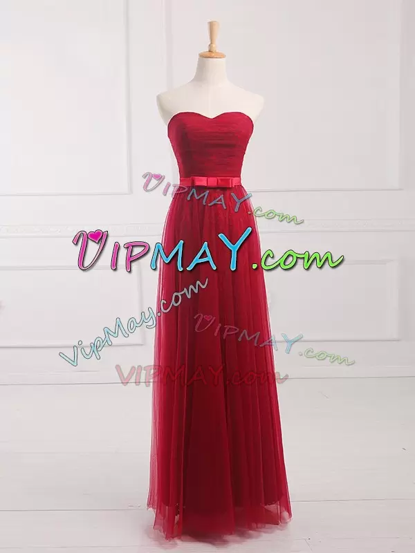 Floor Length Wine Red Bridesmaid Dress Sweetheart Sleeveless Lace Up