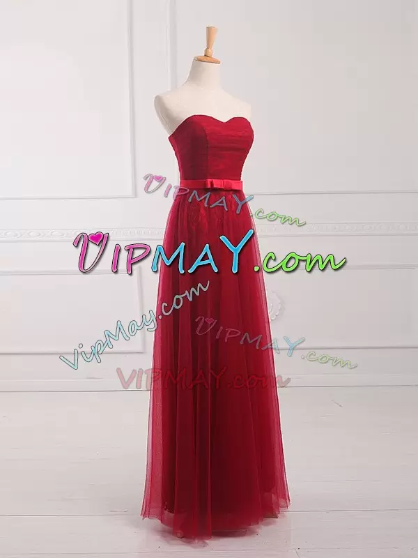 Floor Length Wine Red Bridesmaid Dress Sweetheart Sleeveless Lace Up