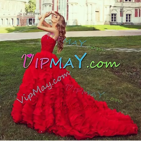 Sweetheart Sleeveless Wedding Dresses Court Train Ruffles Red