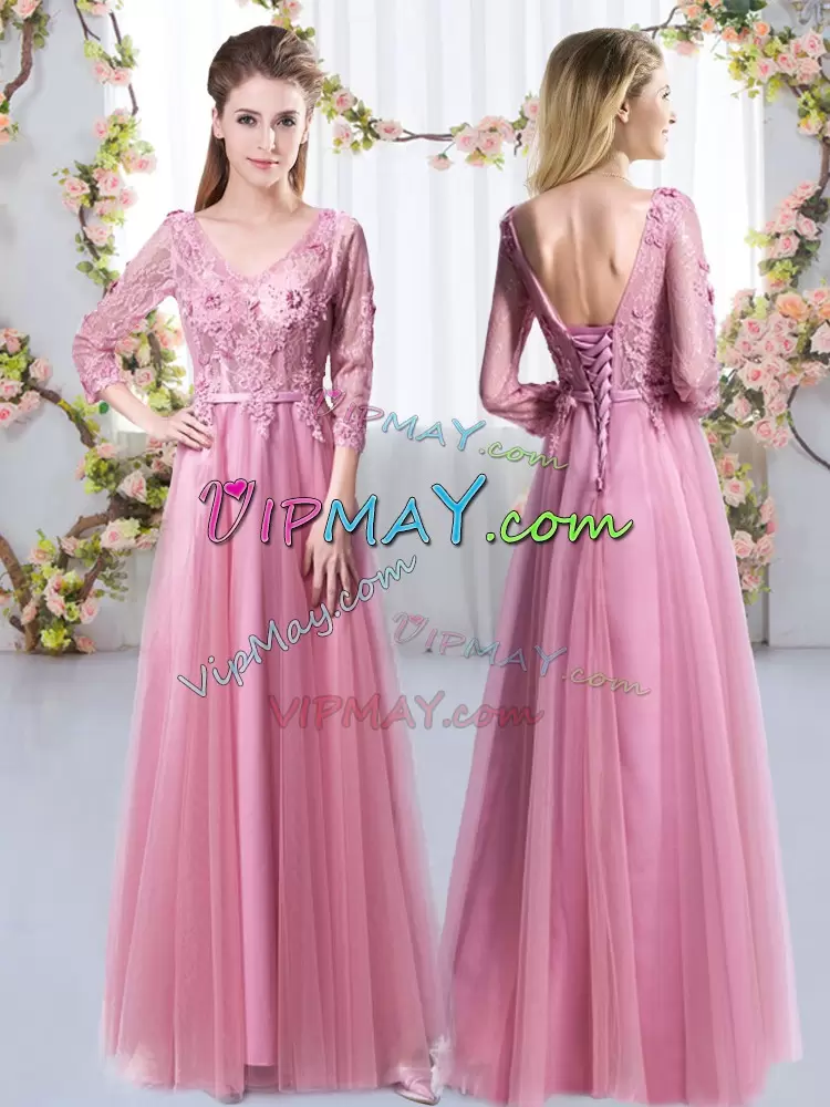 Cute 3 4 Length Sleeve Tulle Floor Length Lace Up Bridesmaid Dresses in Pink with Lace and Appliques