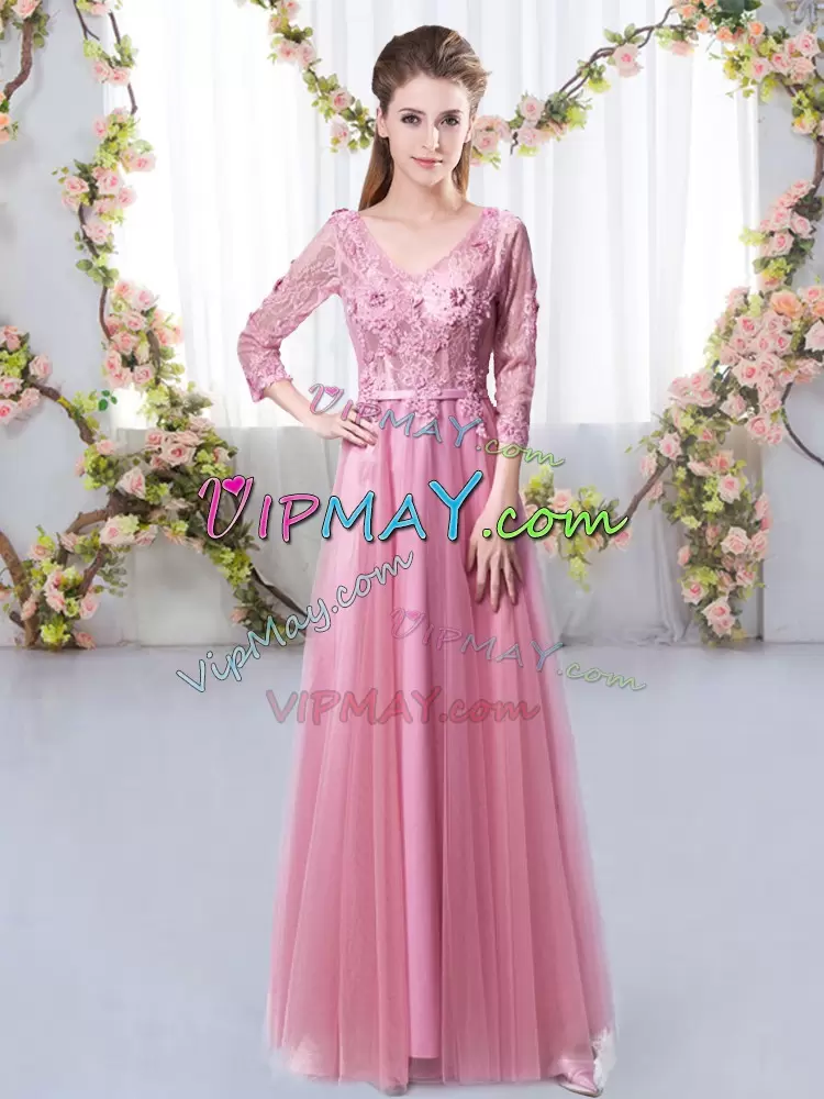 Cute 3 4 Length Sleeve Tulle Floor Length Lace Up Bridesmaid Dresses in Pink with Lace and Appliques