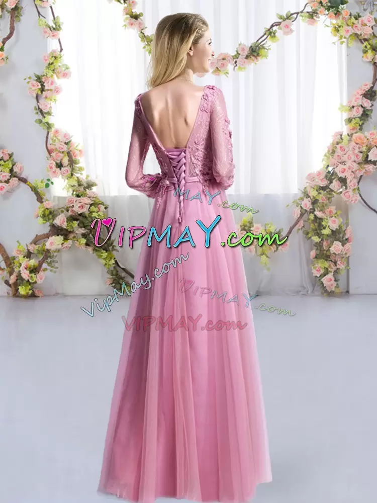 Cute 3 4 Length Sleeve Tulle Floor Length Lace Up Bridesmaid Dresses in Pink with Lace and Appliques