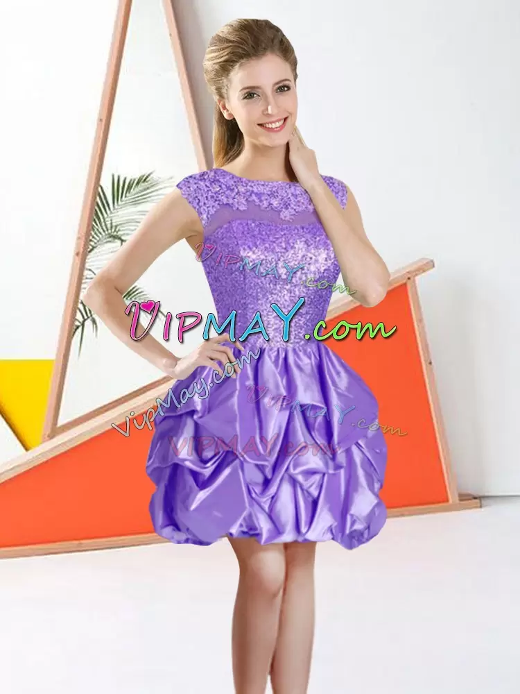 Edgy Lavender Taffeta Backless Bridesmaid Dresses Sleeveless Knee Length Beading and Lace and Ruffles