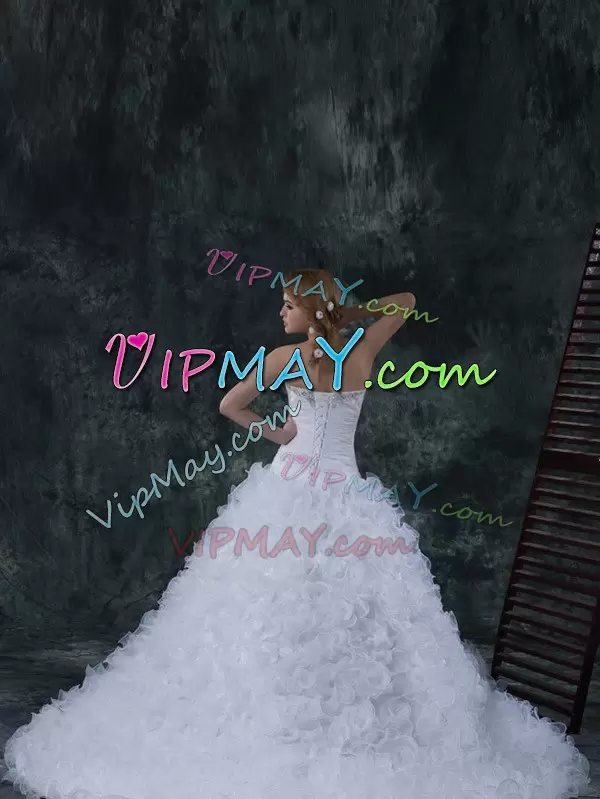 Fabric With Rolling Flowers Sleeveless With Train Wedding Dresses Court Train and Beading