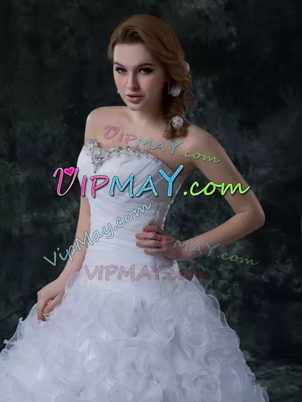 Fabric With Rolling Flowers Sleeveless With Train Wedding Dresses Court Train and Beading