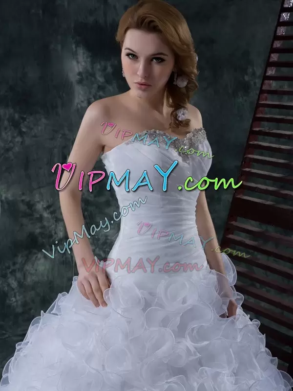 Fabric With Rolling Flowers Sleeveless With Train Wedding Dresses Court Train and Beading