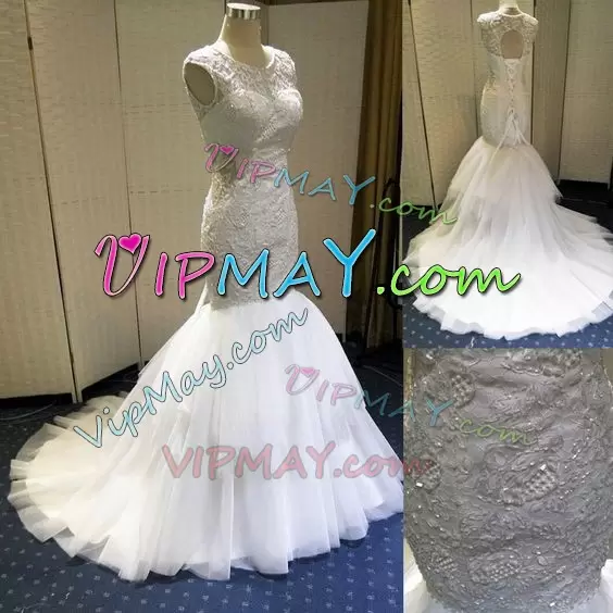 Gorgeous White Lace Up Wedding Dress Beading and Lace Sleeveless With Brush Train