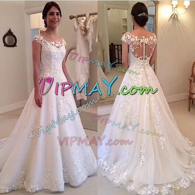Fine A-line Wedding Dresses White V-neck Tulle Cap Sleeves Floor Length Zipper