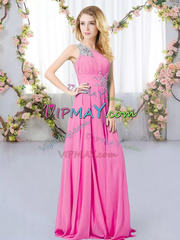 Empire Bridesmaid Dress Rose Pink One Shoulder Chiffon Sleeveless Floor Length Zipper