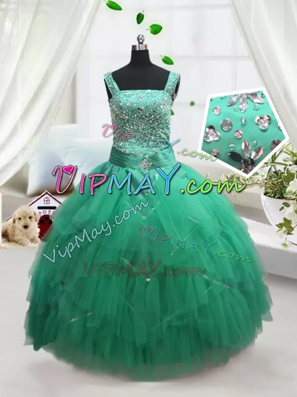 Discount Turquoise Ball Gowns Beading and Ruffles Pageant Dresses Lace Up Tulle Sleeveless Floor Length