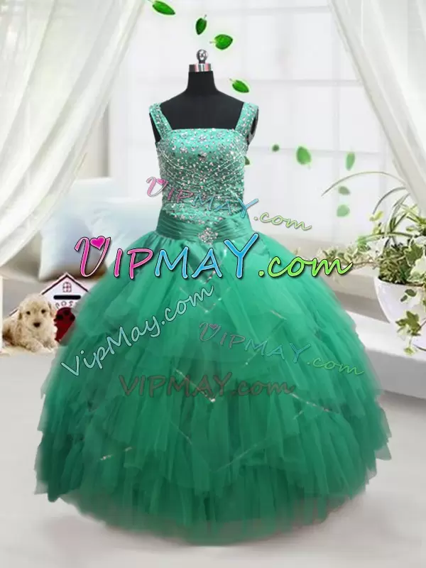 Discount Turquoise Ball Gowns Beading and Ruffles Pageant Dresses Lace Up Tulle Sleeveless Floor Length