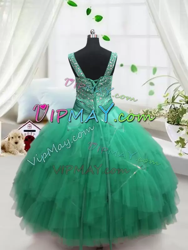 Discount Turquoise Ball Gowns Beading and Ruffles Pageant Dresses Lace Up Tulle Sleeveless Floor Length