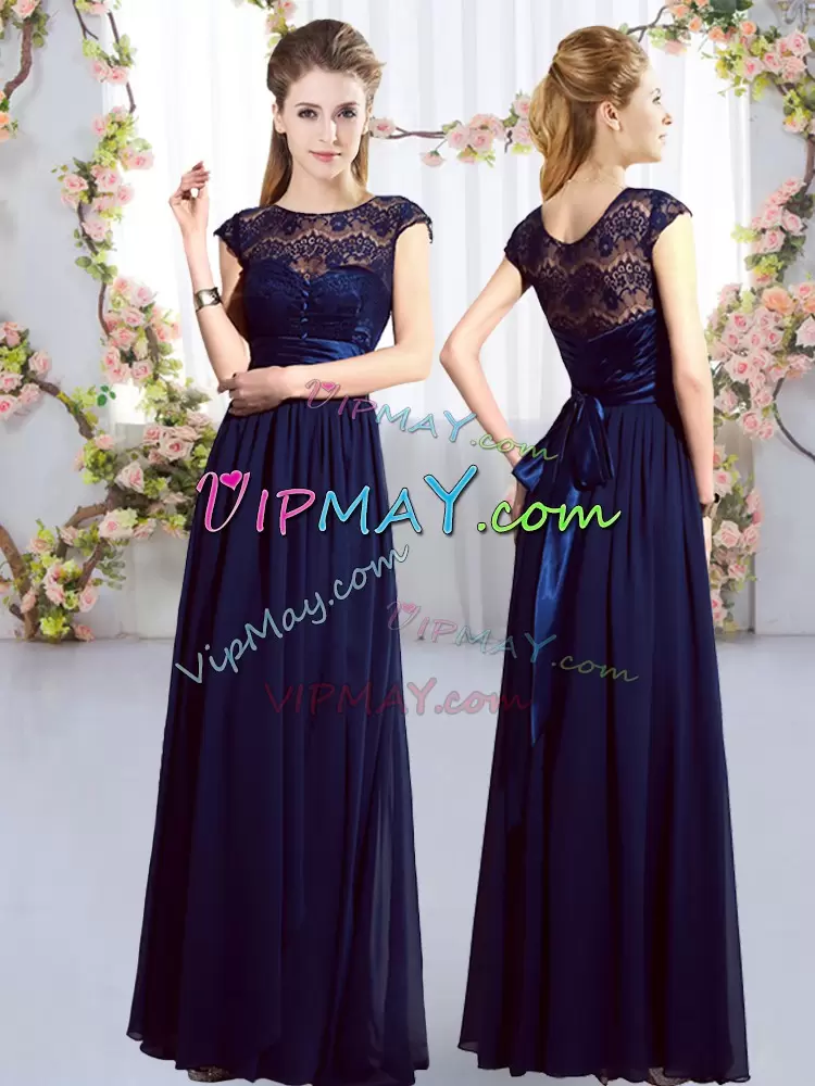 Chiffon Scoop Cap Sleeves Zipper Lace and Belt Wedding Guest Dresses in Navy Blue