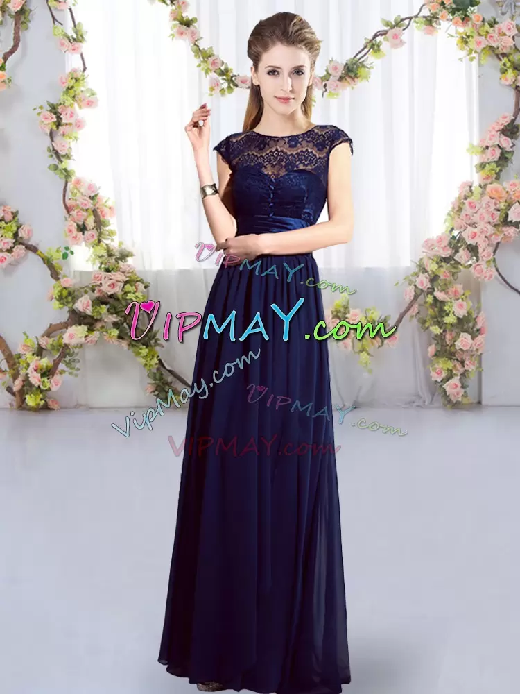 Chiffon Scoop Cap Sleeves Zipper Lace and Belt Wedding Guest Dresses in Navy Blue